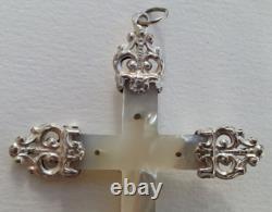MAGNIFIQUE ancienne GRANDE CROIX PECTORALE PENDENTIF en NACRE et ARGENT MASSIF