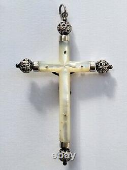 MAGNIFIQUE ancienne GRANDE CROIX PECTORALE PENDENTIF en NACRE et ARGENT MASSIF