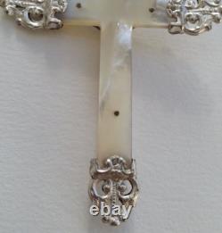MAGNIFIQUE ancienne GRANDE CROIX PECTORALE PENDENTIF en NACRE et ARGENT MASSIF