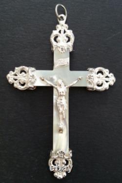 MAGNIFIQUE ancienne GRANDE CROIX PECTORALE PENDENTIF en NACRE et ARGENT MASSIF