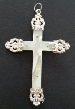MAGNIFIQUE ancienne GRANDE CROIX PECTORALE PENDENTIF en NACRE et ARGENT MASSIF