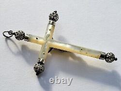 MAGNIFIQUE ancienne GRANDE CROIX PECTORALE PENDENTIF en NACRE et ARGENT MASSIF