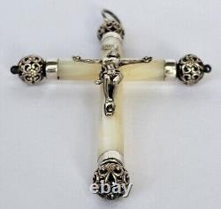MAGNIFIQUE ancienne GRANDE CROIX PECTORALE PENDENTIF en NACRE et ARGENT MASSIF