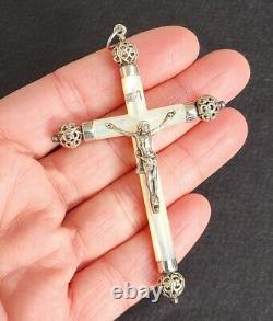 MAGNIFIQUE ancienne GRANDE CROIX PECTORALE PENDENTIF en NACRE et ARGENT MASSIF
