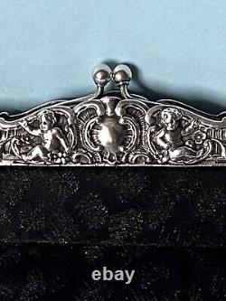 Magnifique Ancienne Minaudière En Argent Massif Et Soie Brocart