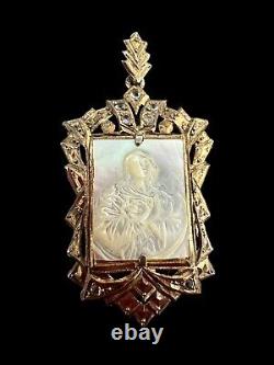 Pendentif argent massif ancien Vermeil Camée Nacre Religieux Vierge Marie 19 Em