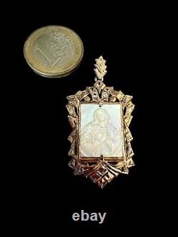 Pendentif argent massif ancien Vermeil Camée Nacre Religieux Vierge Marie 19 Em