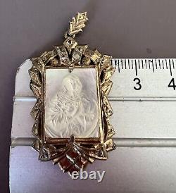 Pendentif argent massif ancien Vermeil Camée Nacre Religieux Vierge Marie 19 Em