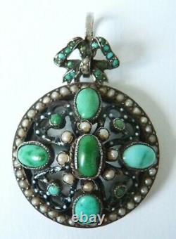 Pendentif argent massif + turquoise perles bijou ancien pearl porte-photo silver