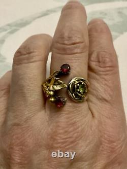 Péridot, Grenat, Argent Massif, Vermeil, Ancienne Bague Design