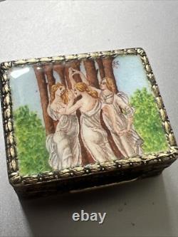 Petite Boîte Ancienne En Argent Massif 800 Émaillée Thème Trois Femmes En Nature