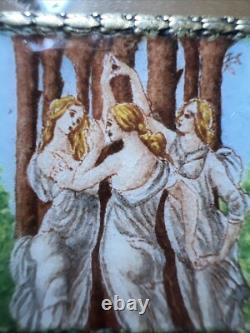 Petite Boîte Ancienne En Argent Massif 800 Émaillée Thème Trois Femmes En Nature
