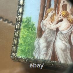 Petite Boîte Ancienne En Argent Massif 800 Émaillée Thème Trois Femmes En Nature