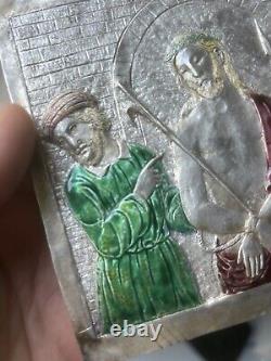 Plaque en Argent Massif Émaillée Ancien Enamel Silver Christ Religieux Chrétien