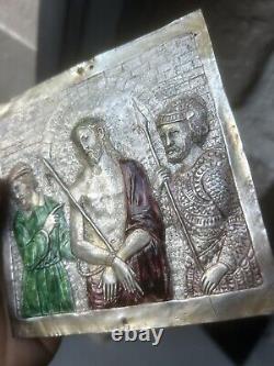 Plaque en Argent Massif Émaillée Ancien Enamel Silver Christ Religieux Chrétien