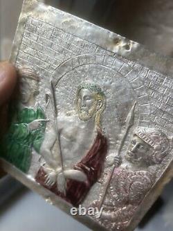Plaque en Argent Massif Émaillée Ancien Enamel Silver Christ Religieux Chrétien
