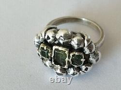 RARE ANCIENNE BAGUE XVIIIe ARGENT MASSIF OR DIAMANT PIERRES VERTE 18th émeraude