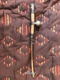 RARE ANCIENNE BELLE PETITE PIPE EN ARGENT MASSIF ET OS 18.5 cm ART ASIE