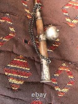 RARE ANCIENNE BELLE PETITE PIPE EN ARGENT MASSIF ET OS 18.5 cm ART ASIE