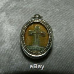 RARE ancien EX VOTO pendentif reliquaire Vera Crux Croix de Jésus argent massif