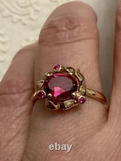 Rare ANCIENNE BAGUE BELLE TOURMALINE, RUBIS, ARGENT MASSIF /OR ROSE VERMEIL