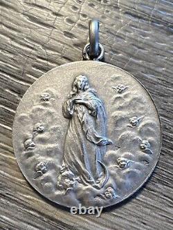 Rare Medaille religieuse ancienne Sainte Vierge Et Angelots argent massif