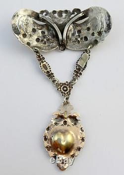 Rare ancien bijou regional en argent massif vermeil et onyx pendentif coeur