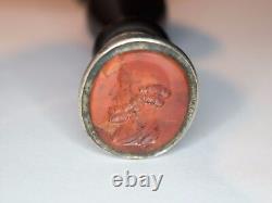 Rare cachet sceau ancien argent massif, Intaille Cornaline et bois noircit