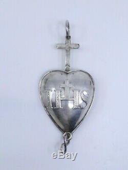 Rare reliquaire pendentif Sacré coeur en argent massif ancien XIXème