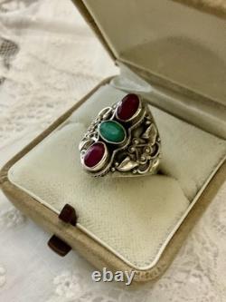 Rubis, Émeraude, Argent Massif Ouvragé, Marquise Belle Bague Ancienne
