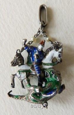 Saint Georges et Dragon Pendentif argent massif + émail bijou ancien enamel