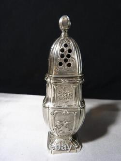 Saupoudreuse en argent massif balustre ancienne sur piédouche à décor ange putti