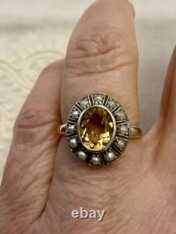 Sublime Ancienne Bague Citrine, Perle Fine Et Argent Massif