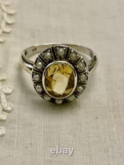 Sublime Ancienne Bague Citrine, Perle Fine Et Argent Massif