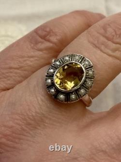 Sublime Ancienne Bague Citrine, Perle Fine Et Argent Massif
