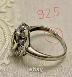 Sublime Ancienne Bague Citrine, Perle Fine Et Argent Massif