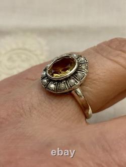 Sublime Ancienne Bague Citrine, Perle Fine Et Argent Massif