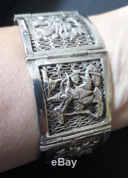 Sublime bracelet ancien argent massif motifs asiatiques époque XIXème