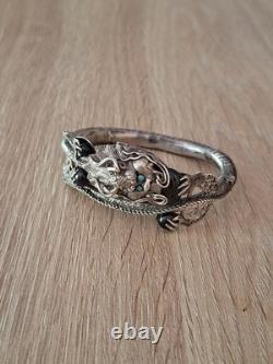Superbe Ancien Bracelet Jonc Dragon Chinois Fin XIXe Argent Massif Turquoise