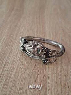 Superbe Ancien Bracelet Jonc Dragon Chinois Fin XIXe Argent Massif Turquoise