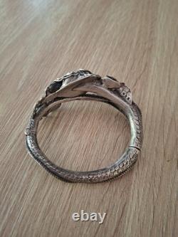 Superbe Ancien Bracelet Jonc Dragon Chinois Fin XIXe Argent Massif Turquoise