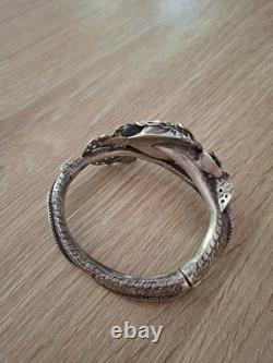 Superbe Ancien Bracelet Jonc Dragon Chinois Fin XIXe Argent Massif Turquoise