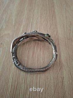 Superbe Ancien Bracelet Jonc Dragon Chinois Fin XIXe Argent Massif Turquoise