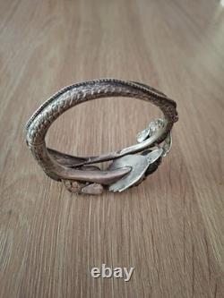 Superbe Ancien Bracelet Jonc Dragon Chinois Fin XIXe Argent Massif Turquoise