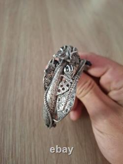 Superbe Ancien Bracelet Jonc Dragon Chinois Fin XIXe Argent Massif Turquoise