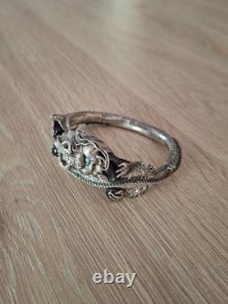 Superbe Ancien Bracelet Jonc Dragon Chinois Fin XIXe Argent Massif Turquoise