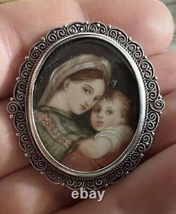 Superbe Broche Ancienne Portrait Miniature Vierge à L'enfant argent massif