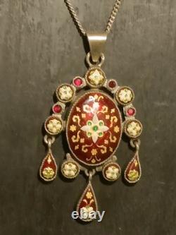 Superbe Pendentif Ancien en Argent Massif émaillé XIXe