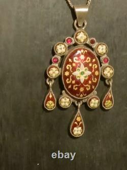Superbe Pendentif Ancien en Argent Massif émaillé XIXe