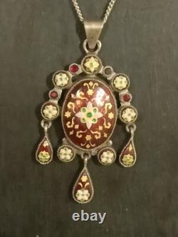 Superbe Pendentif Ancien en Argent Massif émaillé XIXe